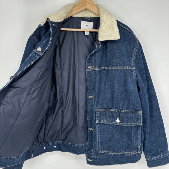 H&M Insulated Sherpa Collar Denim Trucker Puffer Jacket Jean Jacket, Blue - Picture 7 of 14